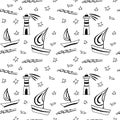 Lighthouse, sea Ã¢â¬â¹Ã¢â¬â¹waves and boats. Black White Doodle Seamless Vector Pattern. Royalty Free Stock Photo